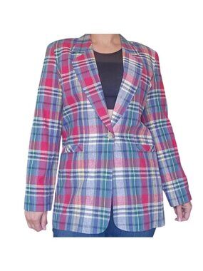 Vintage 90s Hill Country Plaid Linen Cotton Blend Blazer Women Size 12 Academia